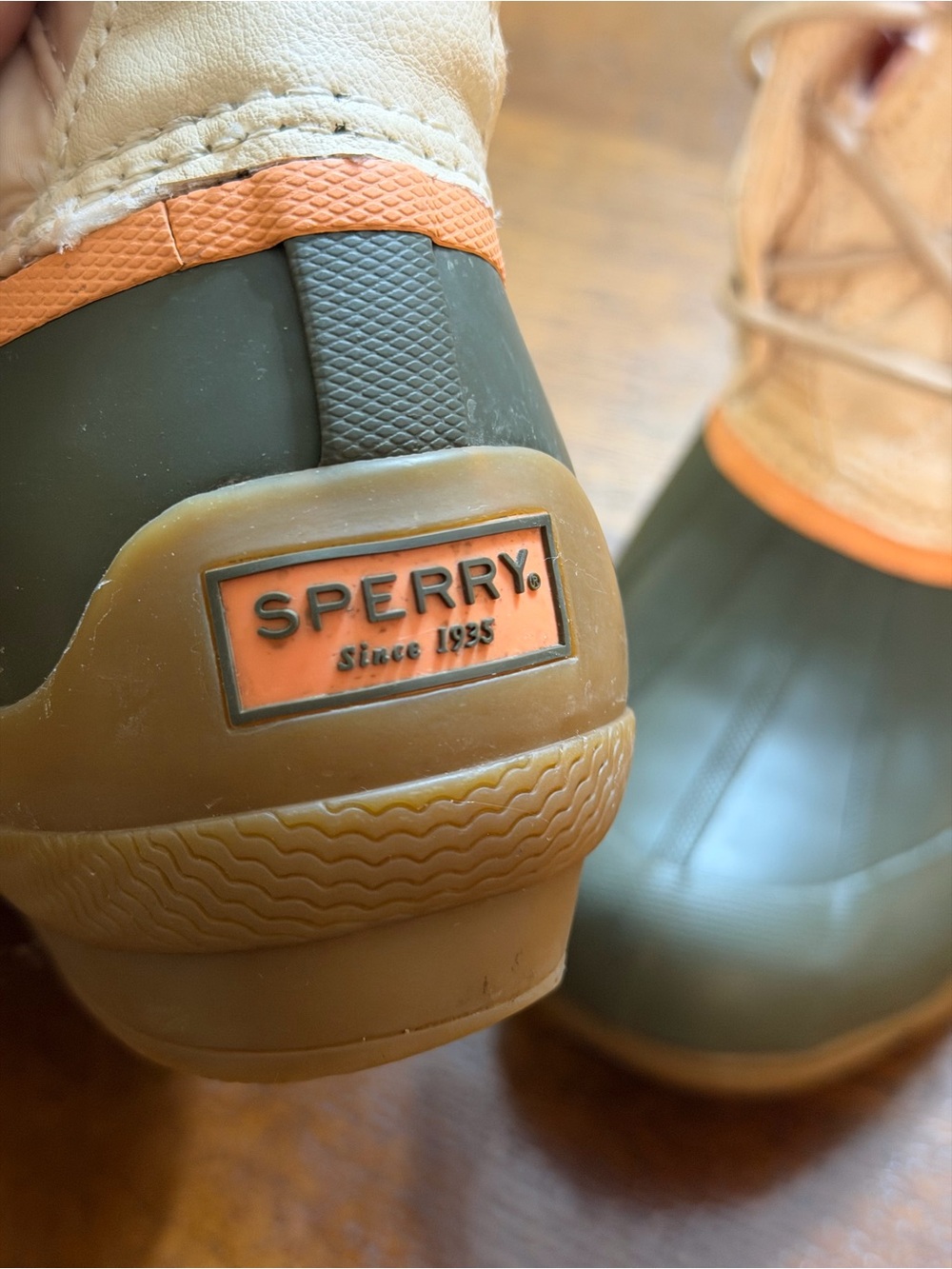 Sperry Olive & Tan Quilted Duck Boots with Coral Accents - Picture 4 of 9